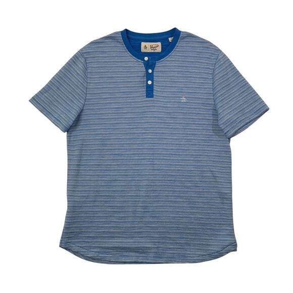 Original Penguin Shirt Mens L Large Alegria Dove Henley Striped Short Sleeve - Picture 1 of 8